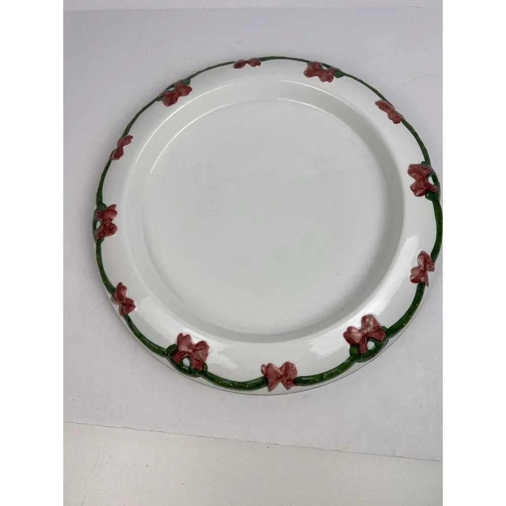 Ceramic Christmas Wreath Pillar Candle Holder Holiday Time Red Green White